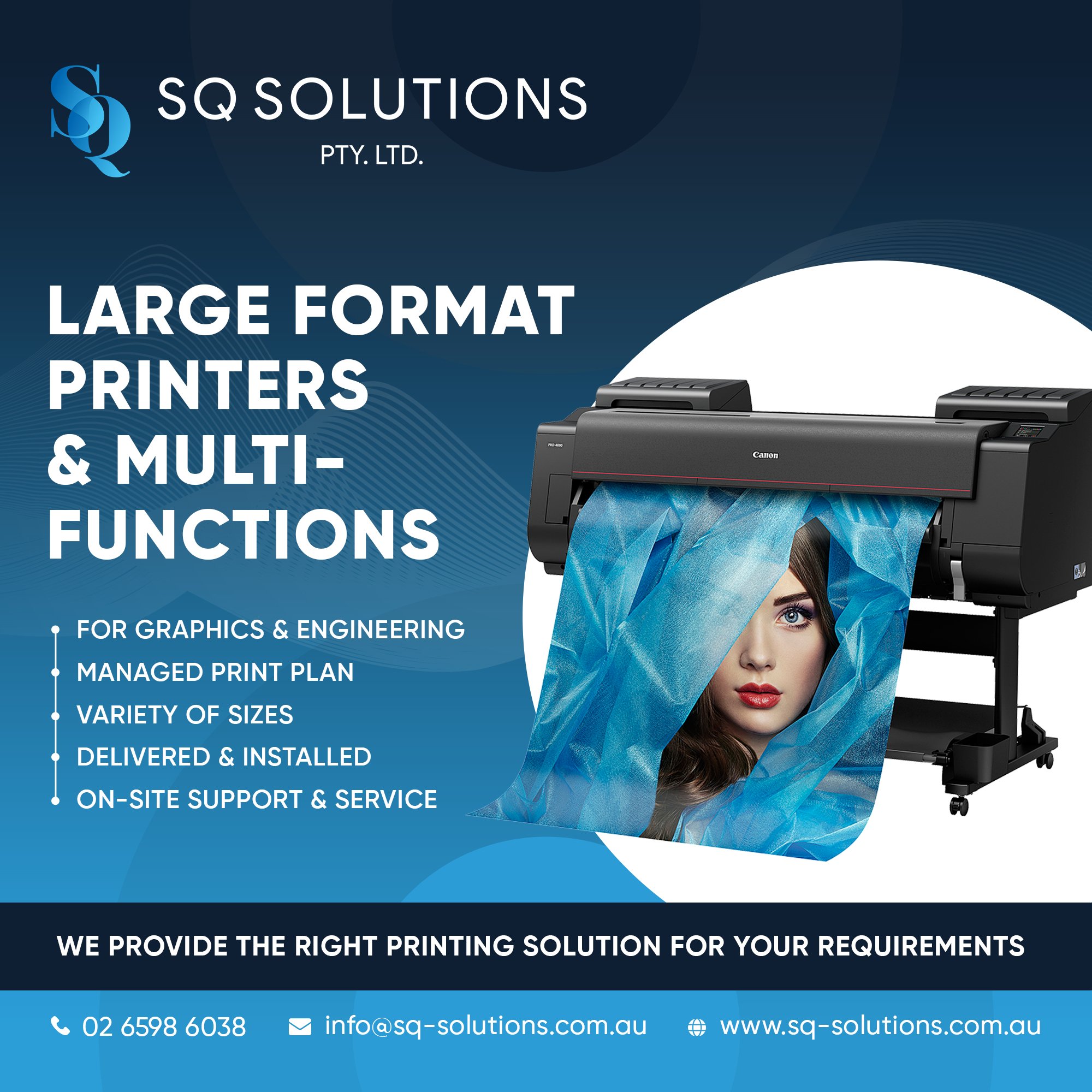 Promotional social media post design for a printing tech solutions brand with blue color variations by Bixel Design.