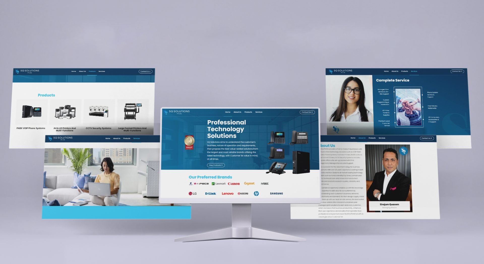 Rebranding mockup of a australian business "SQ solution" that includes website design, logo design, business card, flyer, brochure.