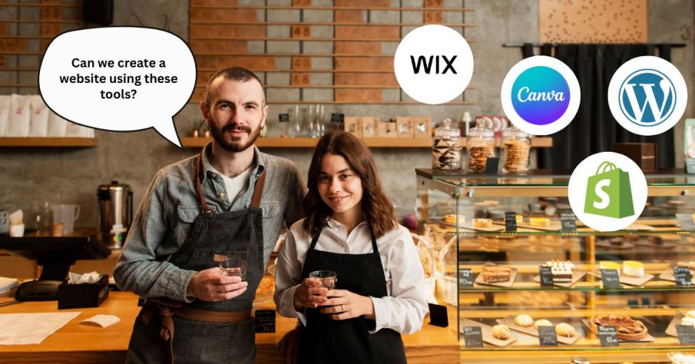 A bakery small business owner couple standing behind the counter, discussing website creation using DIY tools like Wix, Canva, Shopify, and WordPress, with tool icons floating around.