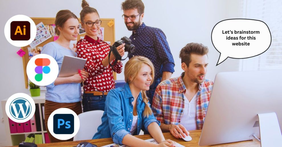A group of young creative professionals brainstorming website ideas around a desktop computer, with icons of Adobe Illustrator, Figma, WordPress, and Photoshop representing web design tools.