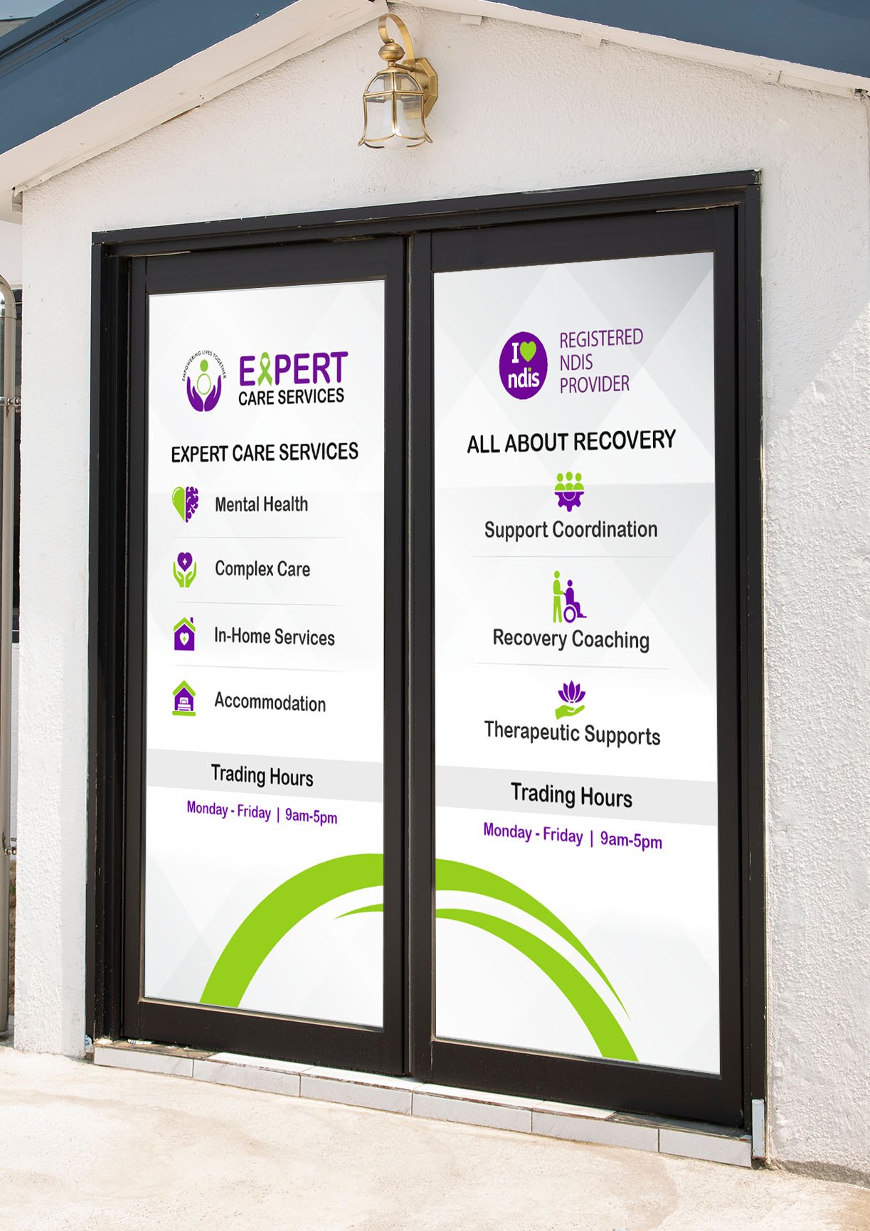 Glass doors display signs for Expert Care Services and NDIS with service lists, trading hours, and icons representing mental health, in-home services, support coordination, and recovery coaching.