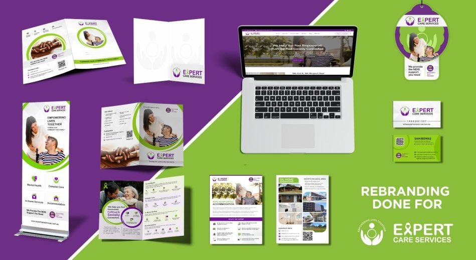 A collection of branded marketing materials for Expert Care Services, including brochures, banners, flyers, business cards, a laptop with the website, and a branded tag, displayed on a split green and purple background.