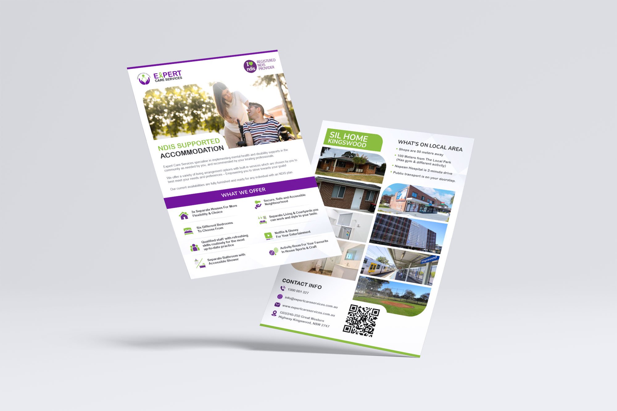 Two NDIS accommodation flyers featuring service details, icons, and contact info. One shows a smiling couple outdoors, while the other displays photos of buildings and living spaces, plus a QR code for more information.
