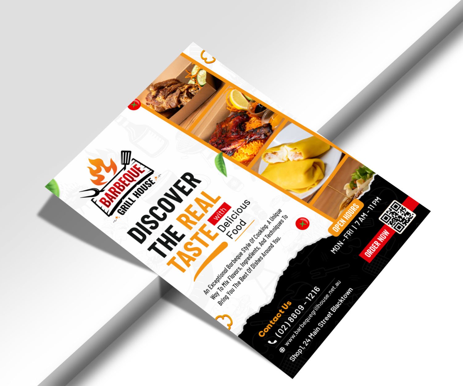 Flyer for Barbeque Grill House featuring food images, restaurant logo, bold text Discover the Real Taste, hours, contact info, location, and a red Book Now button with a QR code. Design uses white, black, orange, and green accents.