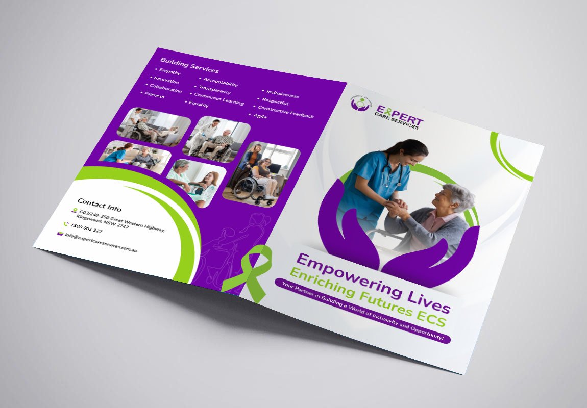 A brochure for Expert Care Services featuring a nurse smiling and holding hands with an elderly woman. The brochure highlights empowerment, enrichment, and building services, with purple and green design elements and contact information.