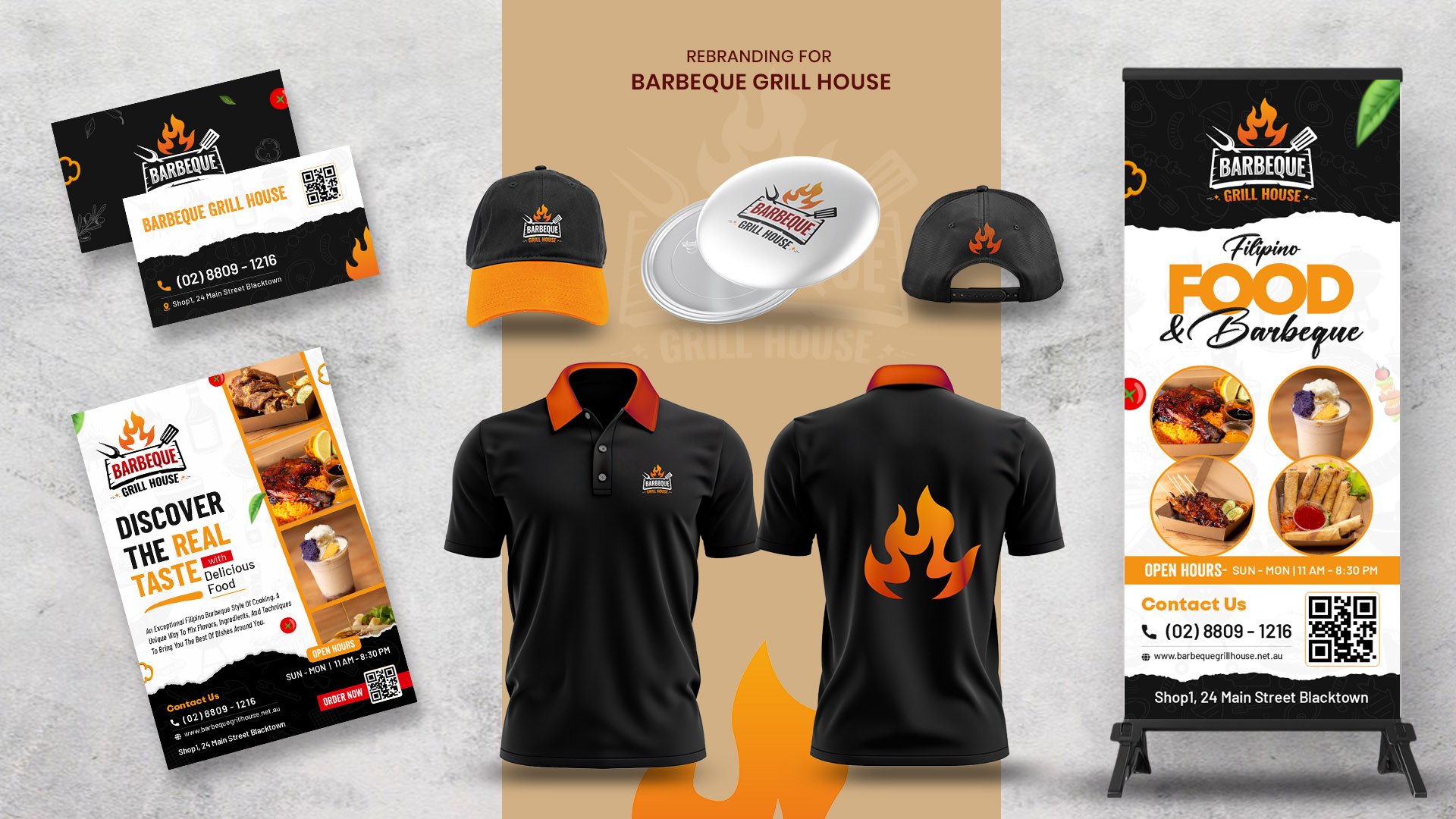 A restaurant branding set for Barbeque Grill House includes flyers, business cards, a banner, two hats, and two black polo shirts with flame logos, all featuring an orange and black color scheme and food images.