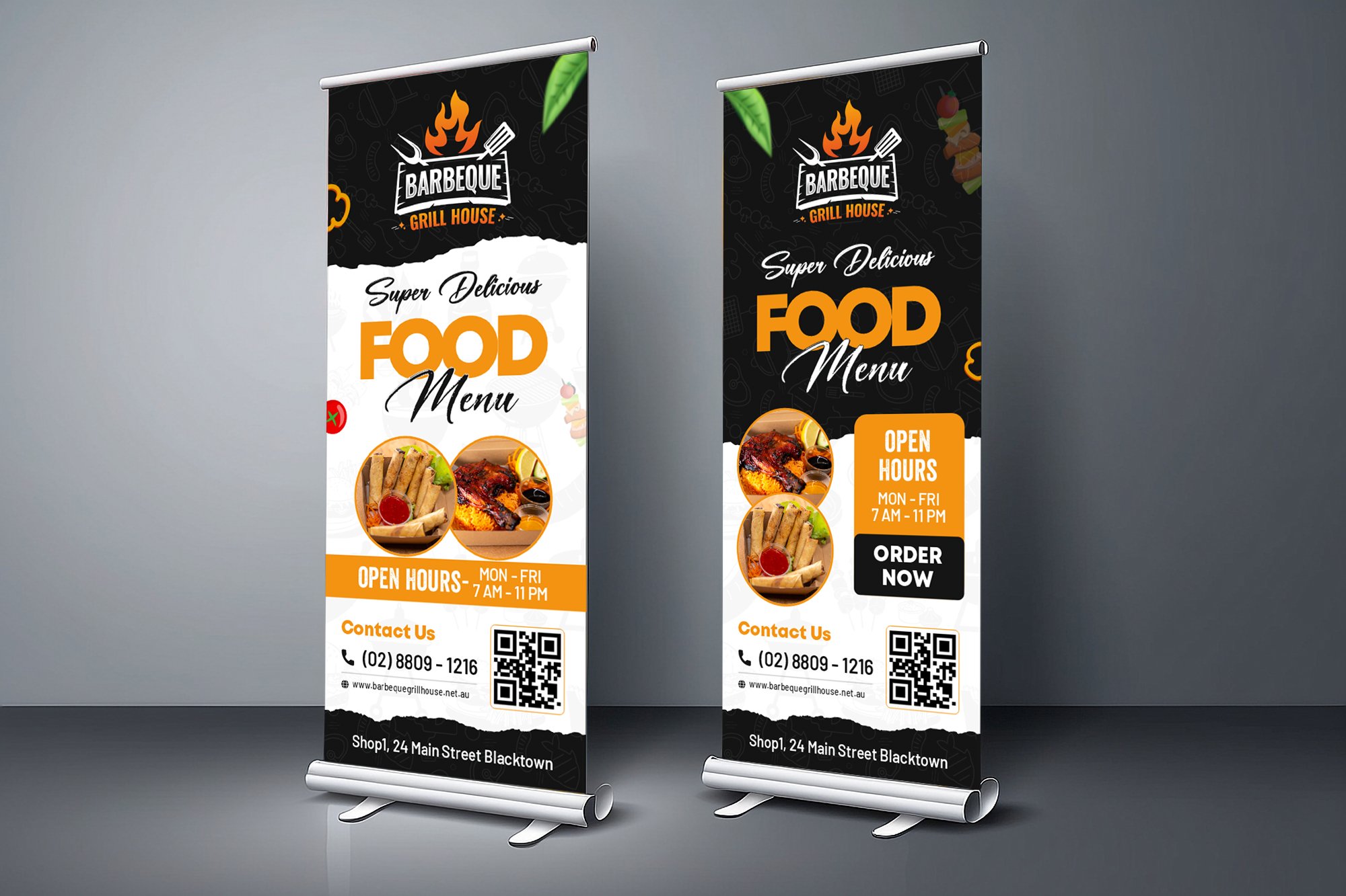 Two vertical banners for Barbeque Grill House display Super Delicious Food Menu with images of grilled food, open hours, contact info, QR codes, and the Shop 24 address on Main Street, Blacktown, against a gray background.