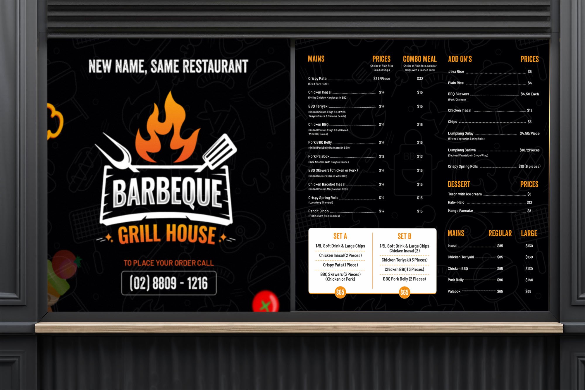 Barbeque Grill House restaurant menu board featuring flame logo, mains, sets, combo meals, add-ons, desserts, and prices, with contact number for orders displayed on the left.