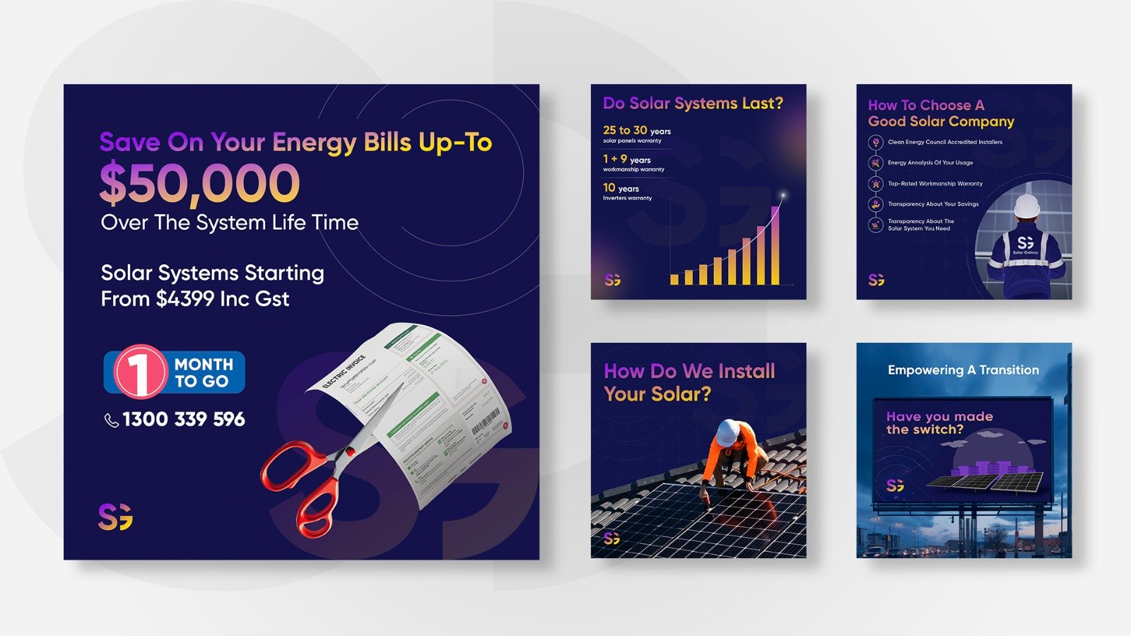 A set of promotional graphics for solar energy, highlighting savings, installation, company selection, system lifespan, and a contact number, with visuals of bills, graphs, and solar panels.