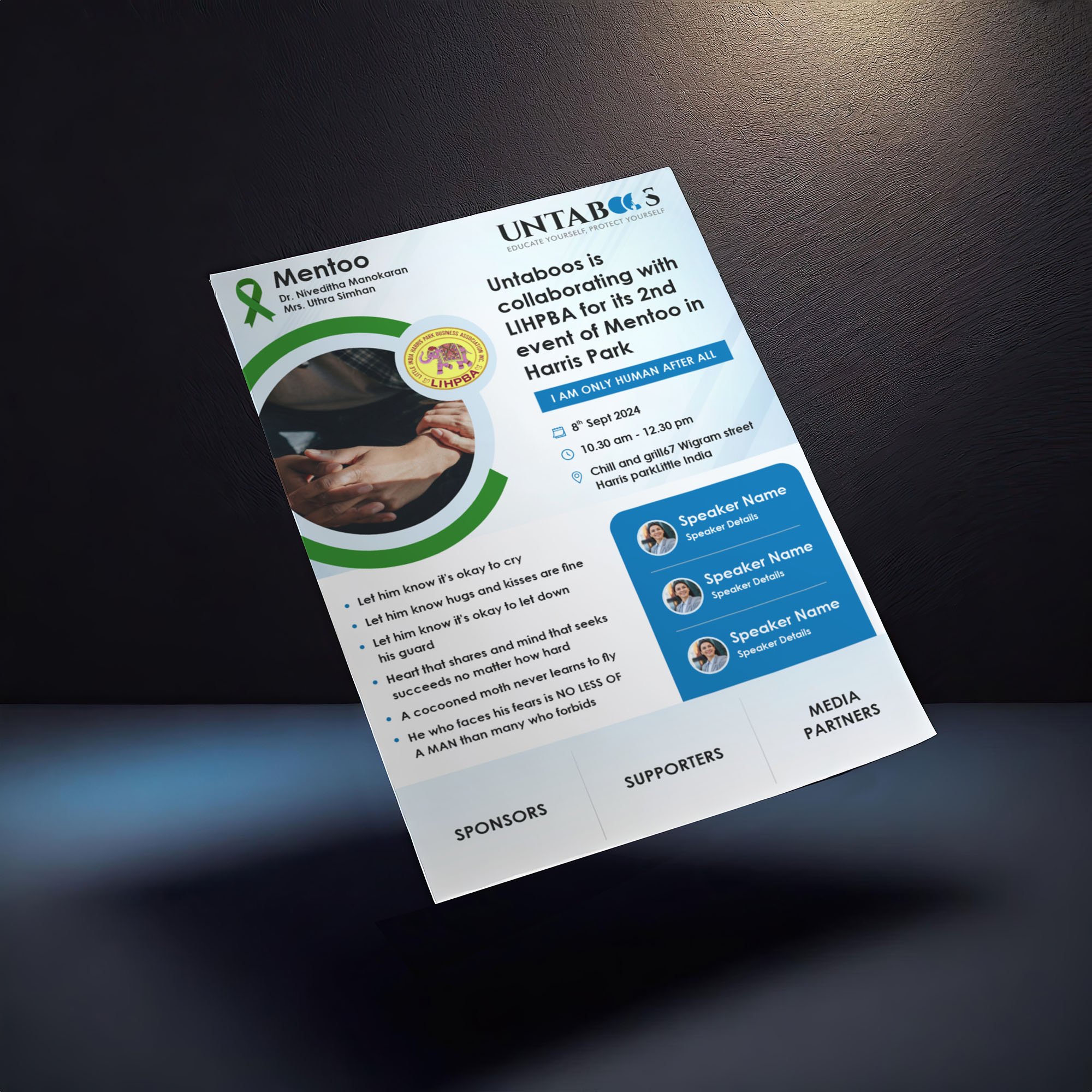 Flyer design mockup for Untaboos featuring a clean layout, bold headlines, brand colors, and informative content focused on breaking taboos.