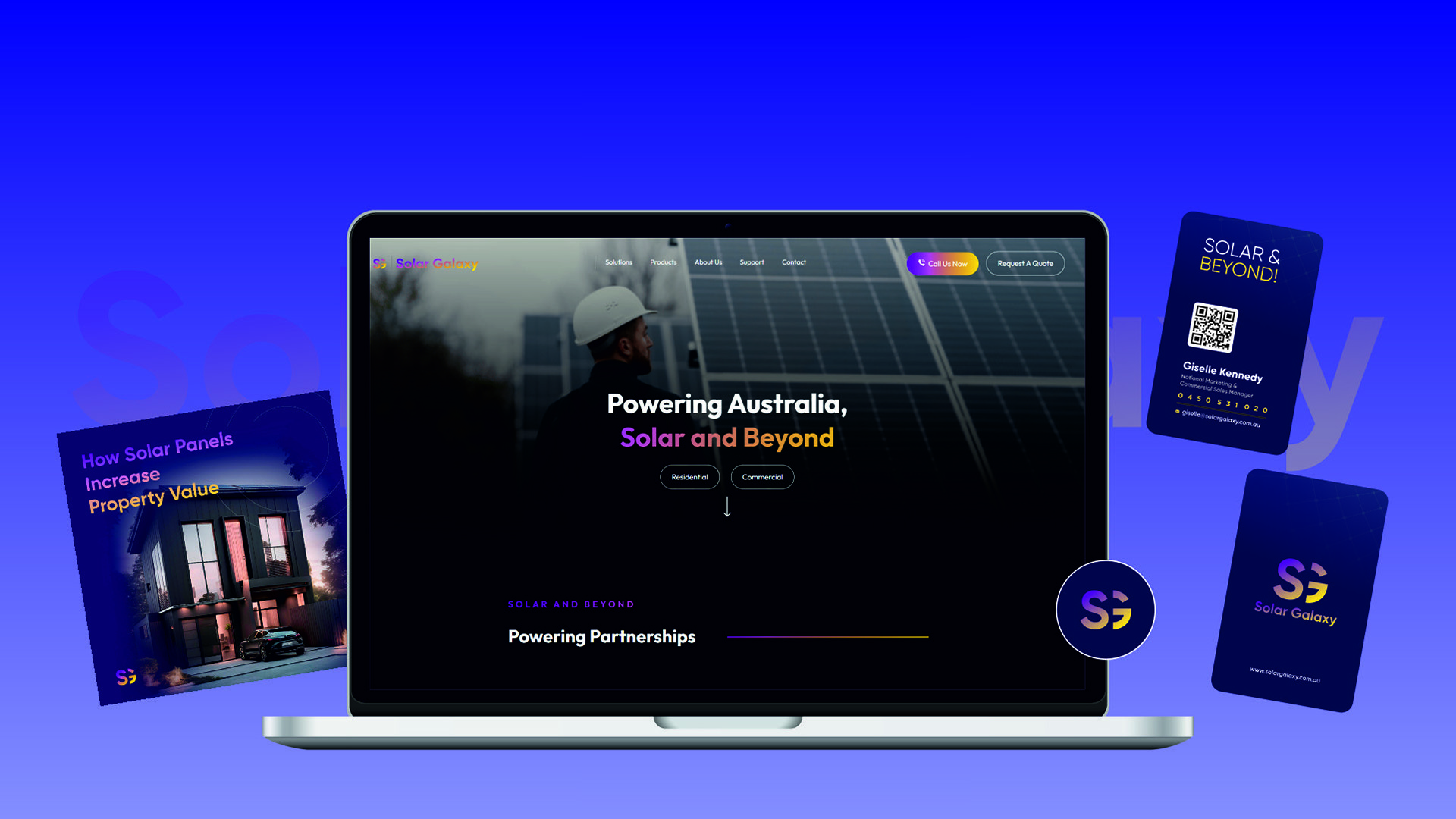 A Brand refresh mockup of a business "Solar Galaxy" that includes website redesign, Business card, logo design, social media post on digital screen.