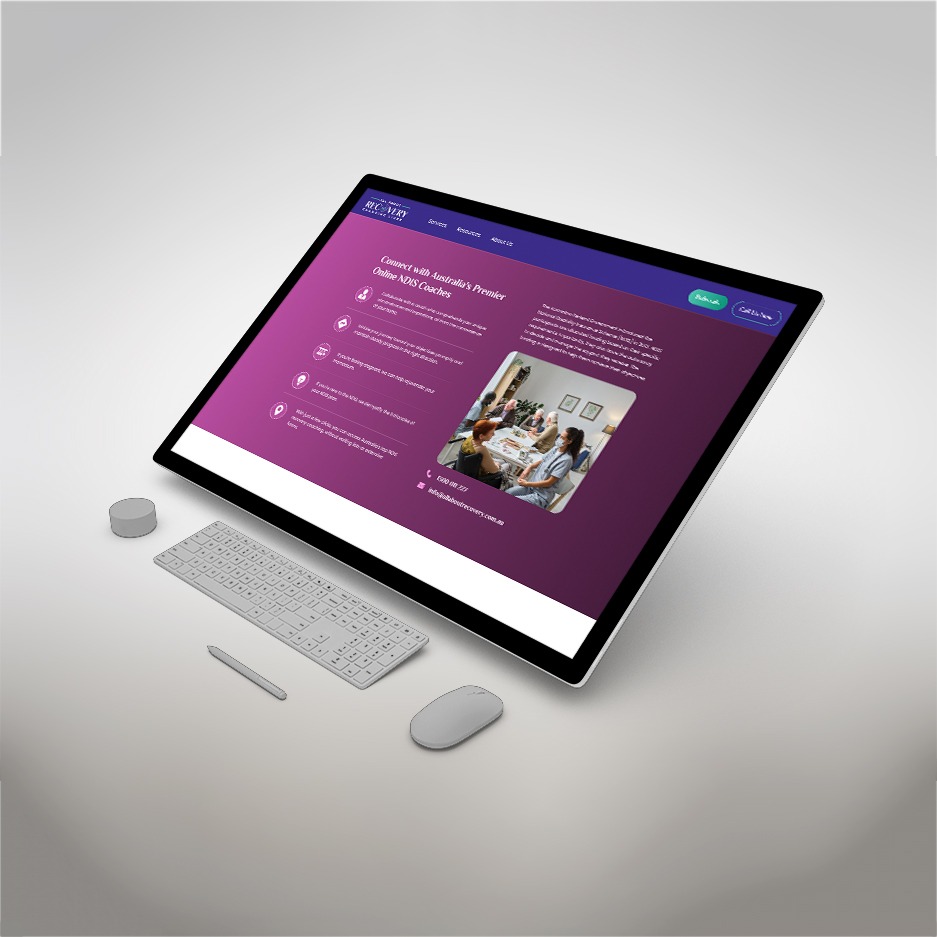 A clean website interface opened on laptop with purple color