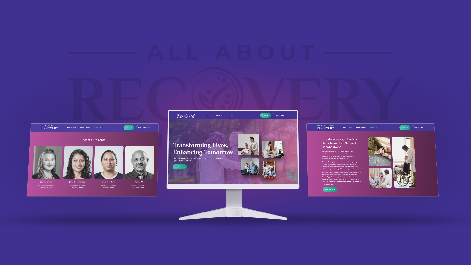 Purple theme easy and user friendly website image with laptop and screenshots floating in air