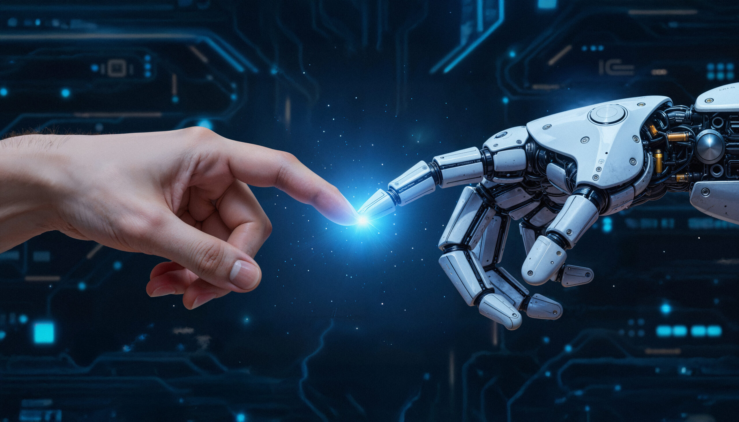 Human and AI hands - helping hands