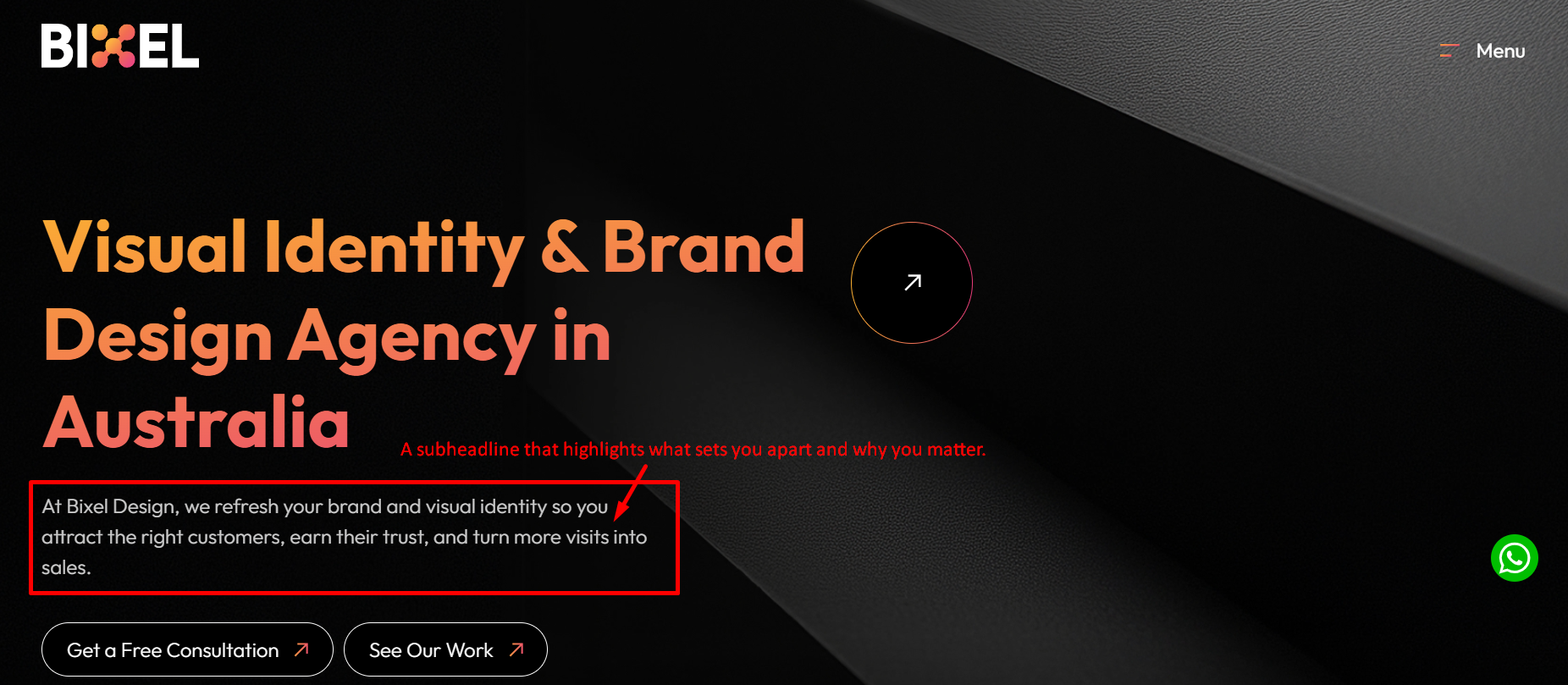 A clear example of sub-headline in the hero section of the home page of a website