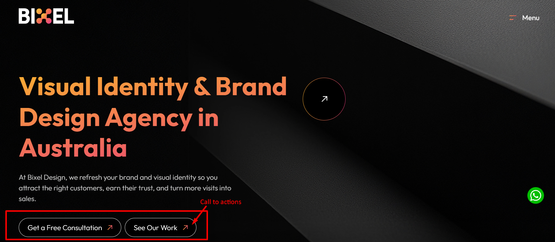 A clear call to action example in the hero section of the website's home page