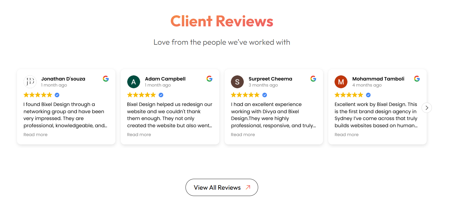 Google review section as a social proof in the home page | Bixel Design   